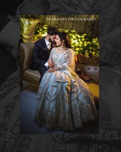 Couple wearing coordinated casual outfits for pre-wedding shoot