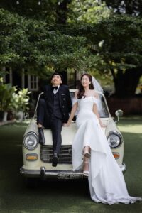 wedding, couple, newlyweds, car, car wallpapers, vehicle, outdoors, bride, groom, wedding dress